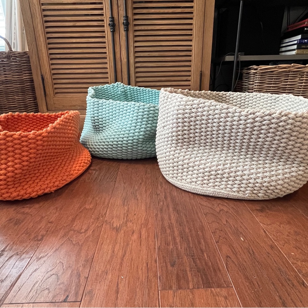 Crate&Barrel Knitted Storage Baskets - Orange, Blue, Cream